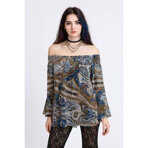 Blu Pepper Whimsygoth Hi Low Fairy Womens M Off-Shoulder Blue Paisley Blouse